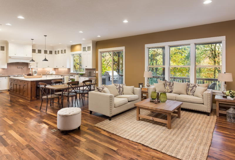 Warm residential living space and kitchen after cleaning