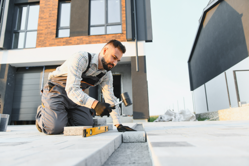 Craftsperson completing exterior stonework on a new home