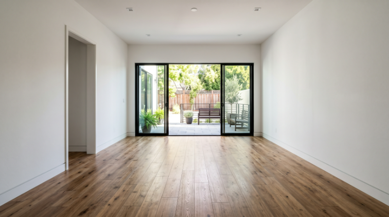Empty living room with polished wood floors after move-out cleaning